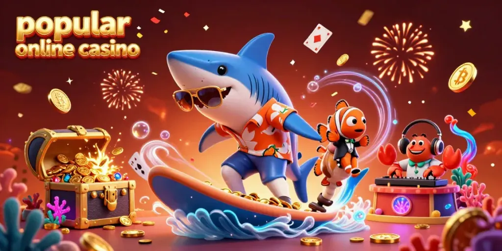 Engaging scene illustrating a popular online casino with a cartoon shark surfing gold coins, embodying thrilling gaming excitement.