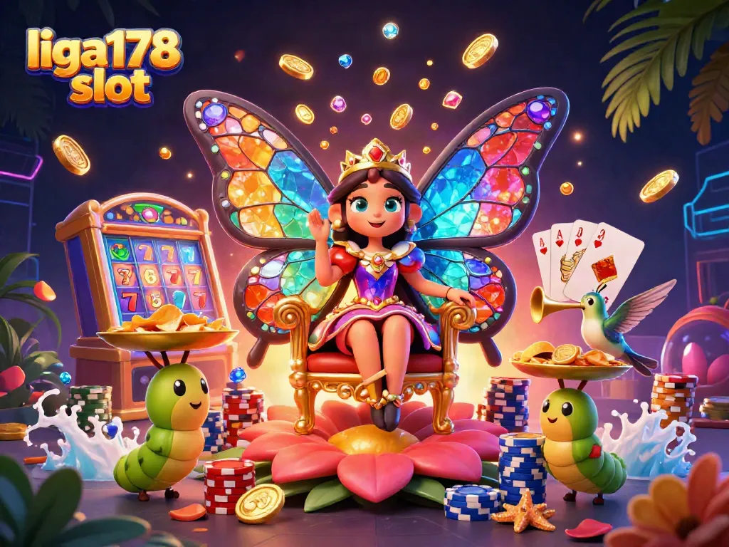 Menangkan keajaiban dengan liga178 slot, ilustrasi 3D warna-warni dengan ratu kupu-kupu dan elemen judi.