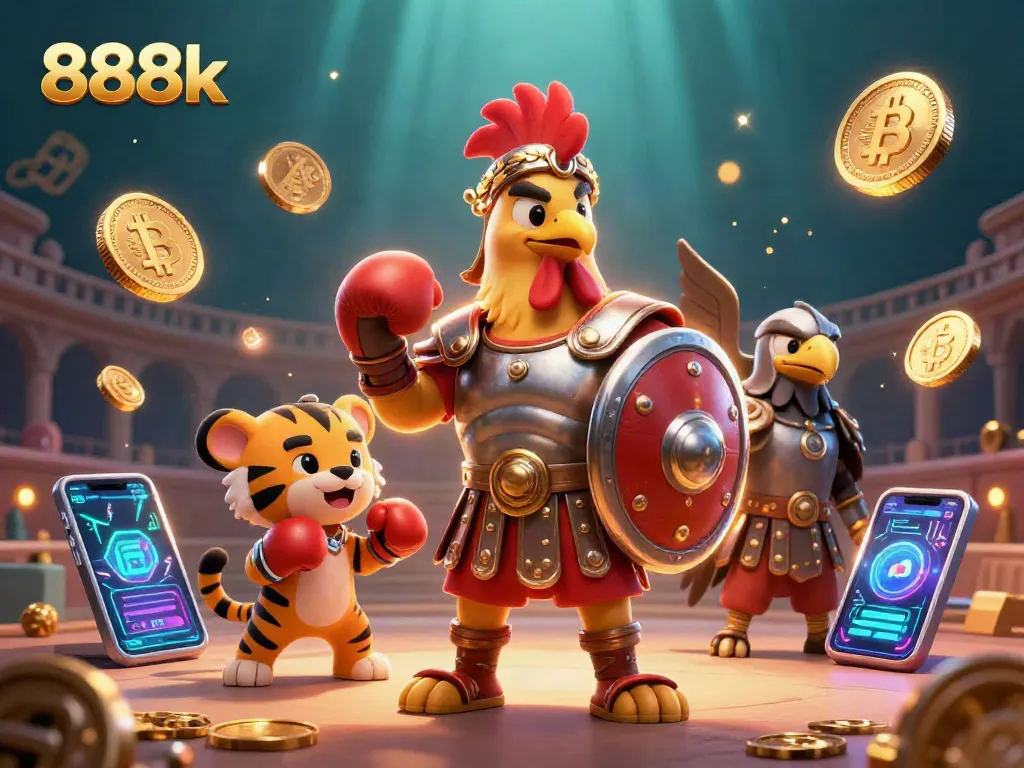 Engage with 888k's thrilling 3D digital scene featuring a gladiator rooster, crypto coins, and vibrant casino elements.