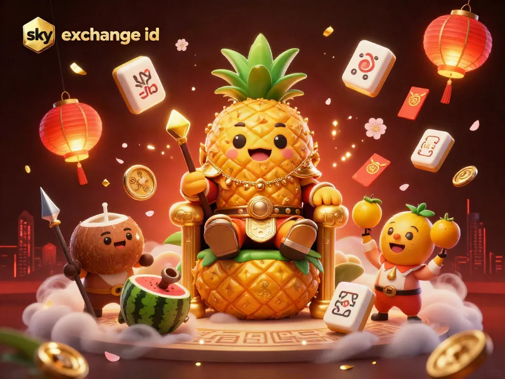 Engage with the vibrant betting experience featuring Sky Exchange ID with a whimsical golden pineapple king and casino elements.