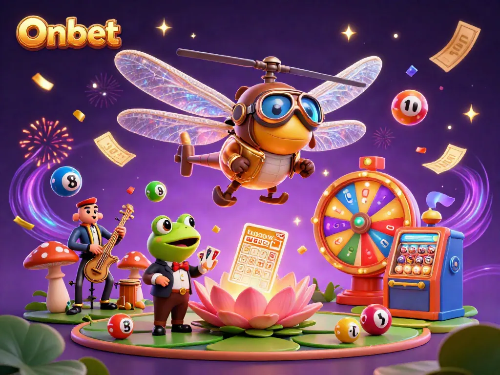 Engage in thrilling gaming at Onbet, featuring a lively casino scene with vibrant activities and colorful elements.