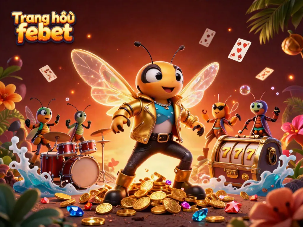 Engage with the exciting scene of "Trang chủ febet" featuring a cicada rock star and gambling icons in a vibrant atmosphere.