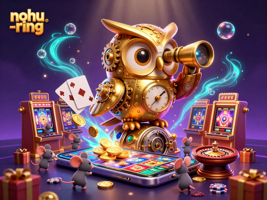 Experience the nohu-ring adventure with a clockwork owl overseeing vibrant slots, bonus games, and wind-up mice in a rich casino scene.