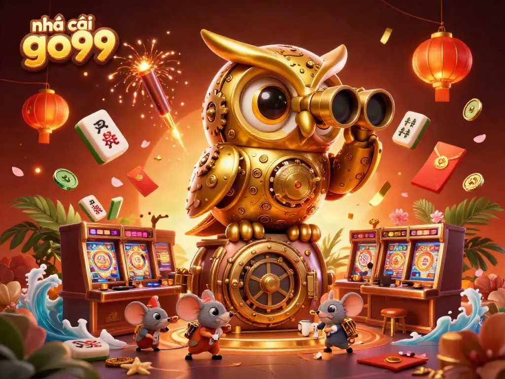 Engage with the vibrant scene at nhà cái go99 showcasing a clockwork owl overseeing slot machines amid festive elements.