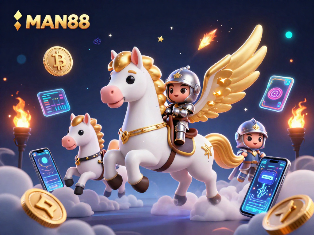 Play exciting games at MAN88 featuring a celestial horse galloping through clouds filled with cryptocurrencies and gaming elements.