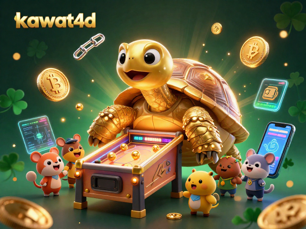 Menampilkan keseruan bermain di Kawat4D dengan kura-kura emas yang menyajikan pinball modern serta koin bitcoin dan ethereum yang bersinar.