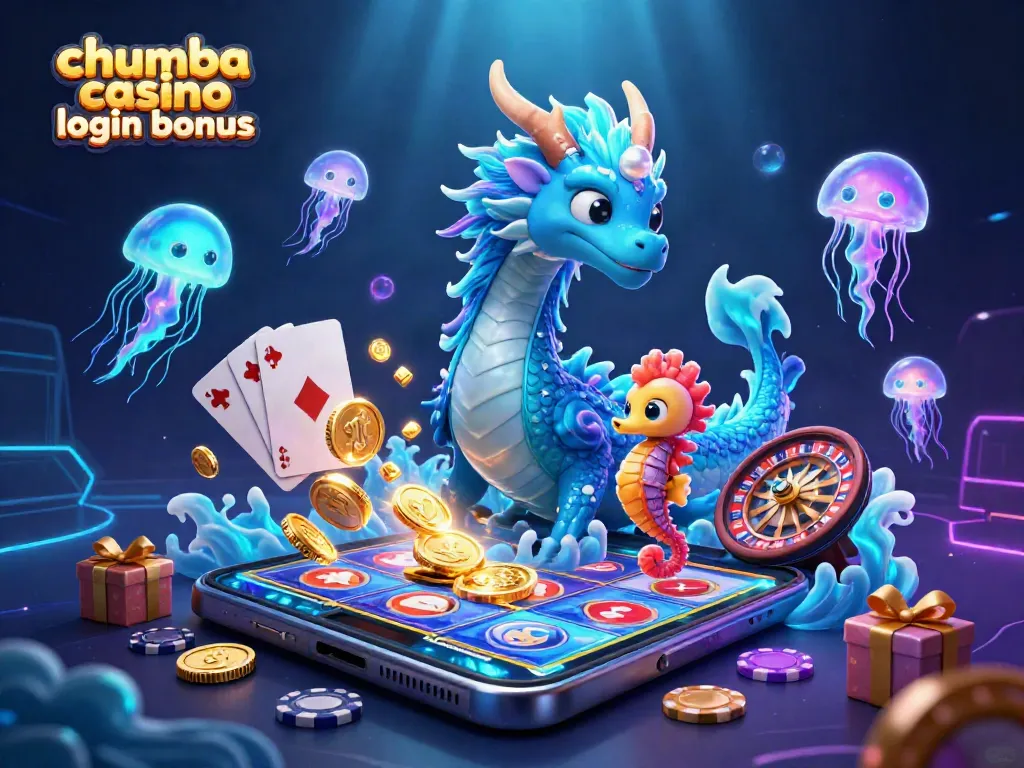 Claim your chumba casino login bonus with exciting 3D casino scene featuring vibrant slot games and characters