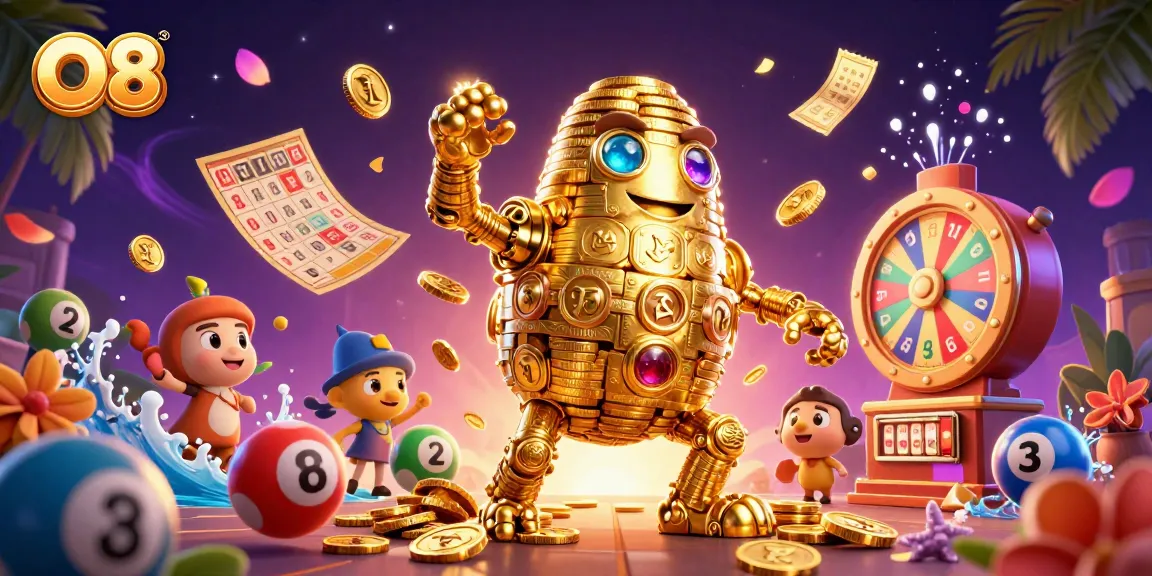 Spin to win with O8's vibrant gaming universe, featuring dynamic lottery elements and a golden golem.