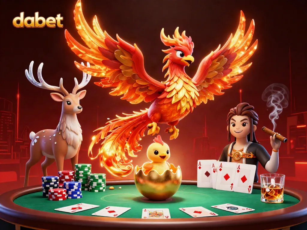Experience thrilling gaming at DABET with vibrant visuals of a phoenix and poker scene.