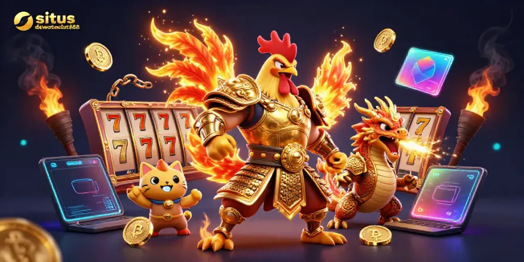 Slot game menarik di situs dewataslot888 dengan karakter animasi penuh warna dan simbol keberuntungan.