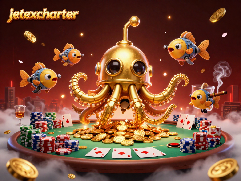 Engage with jetexcharter as a golden kraken submarine surfaces in a sea of coins amid vibrant casino elements.
