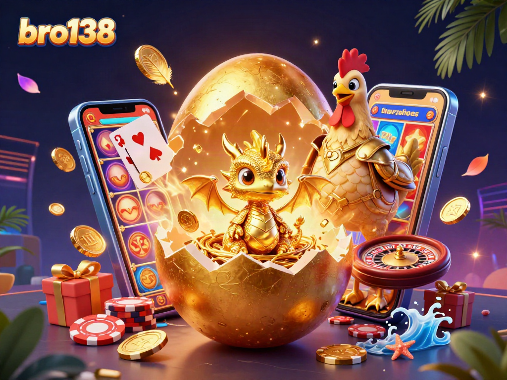 Menangkan jackpot di bro138 dengan ilustrasi unik naga emas dan chip poker yang memukau.