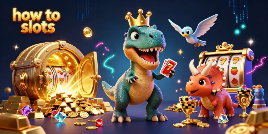 Learn how to play slots with engaging characters and vibrant casino elements in this lively illustration.