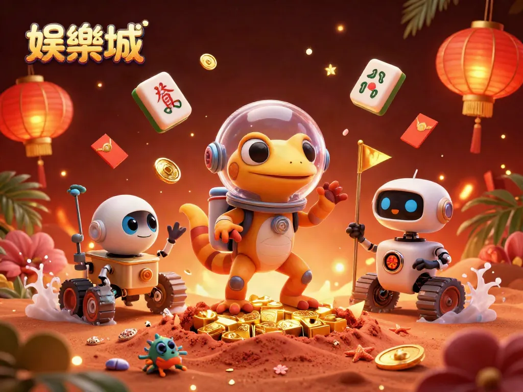 在娛樂城中，3D卡通火星蜥蜴探索金色賭場的場景，浮動的麻將牌和燈籠營造熱鬧氛圍。