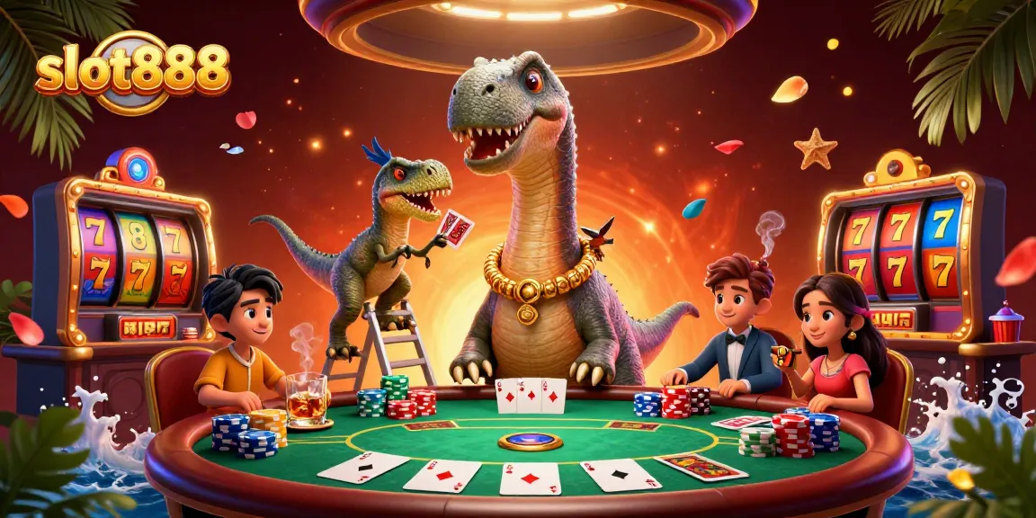 Engage with slot888 as a brontosaurus watches a clever raptor deal cards at a vibrant casino.
