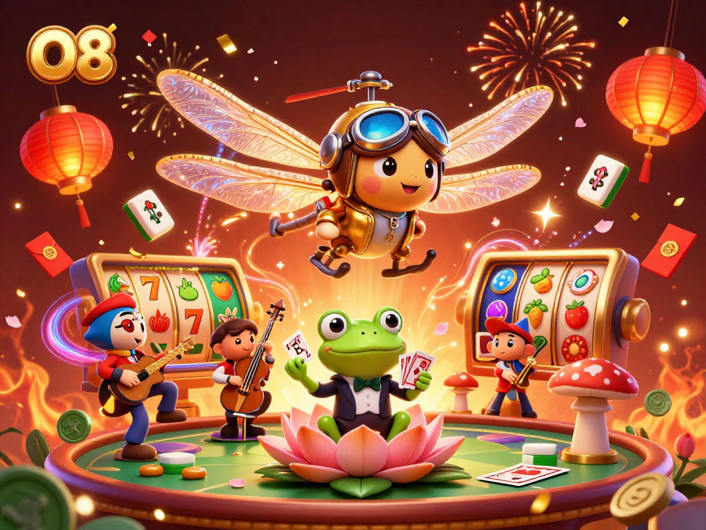 Engage with O8's vibrant illustrated casino world featuring dynamic slot reels and lively characters.