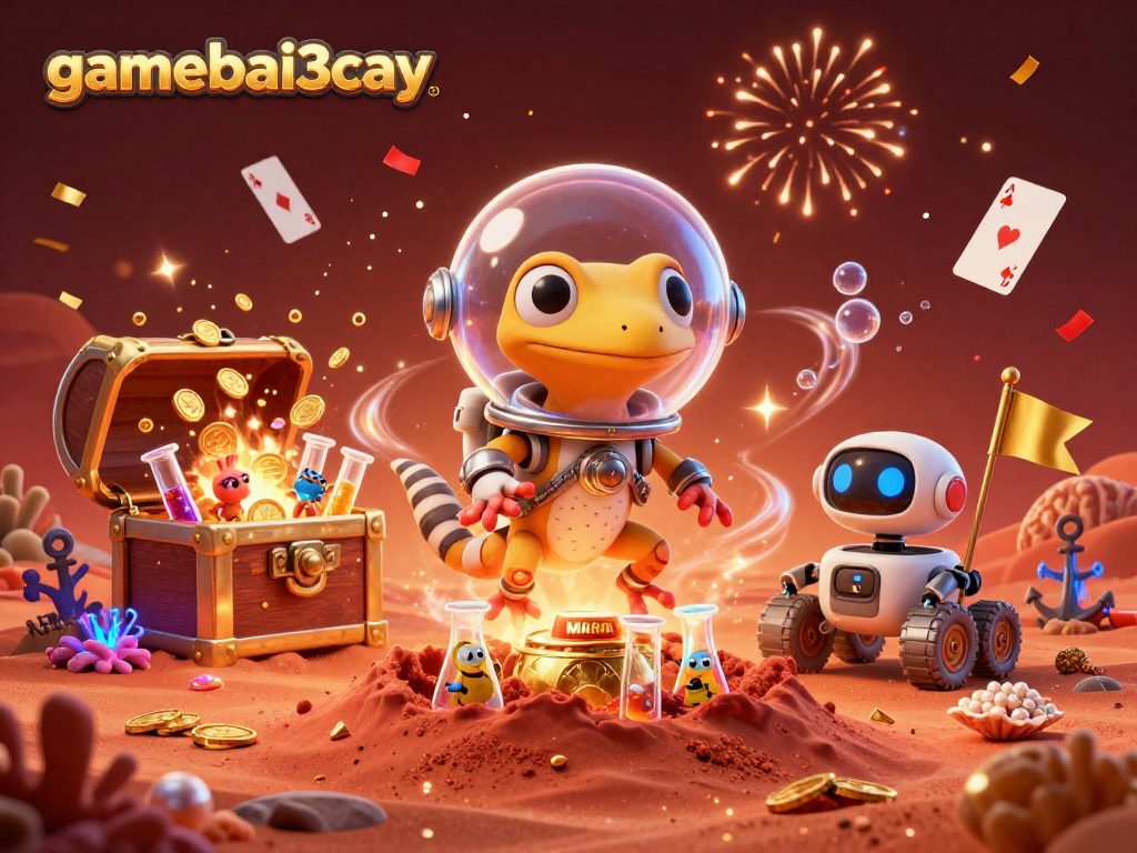 Gamebai3cay features a Martian gecko discovering a buried golden casino on Mars.
