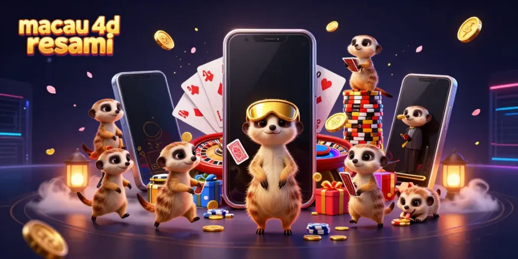 Visualisasi menarik macau 4d resmi dengan meerkat menjalankan kasino, permainan slot, dan chip yang bertebaran.