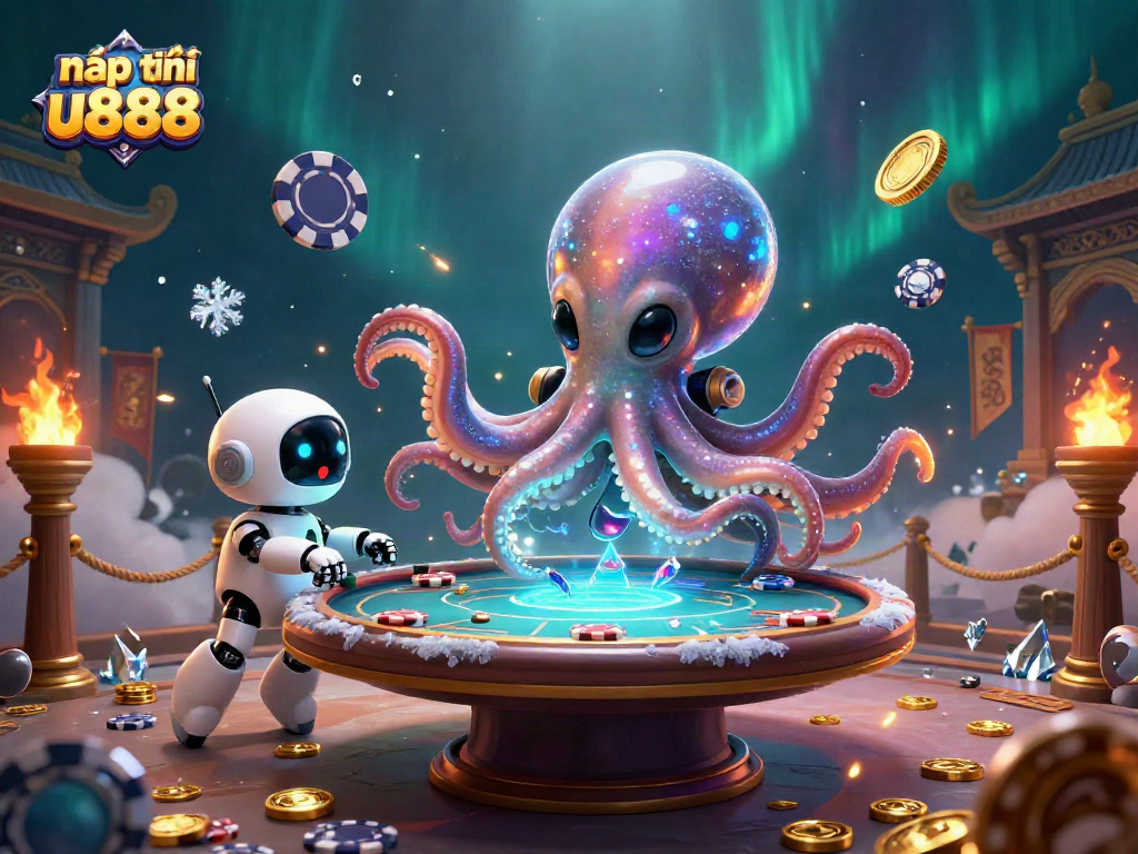 Nạp tiền u888 at a holographic poker table with an alien octopus and robot companion in a vibrant 3D casino scene.