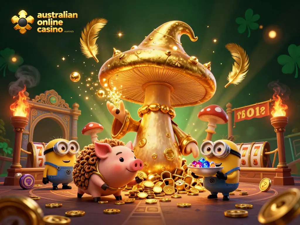 Engage with the magic of australian online casino australia in a vibrant 3D illustration featuring a wizard and treasure-filled scene.