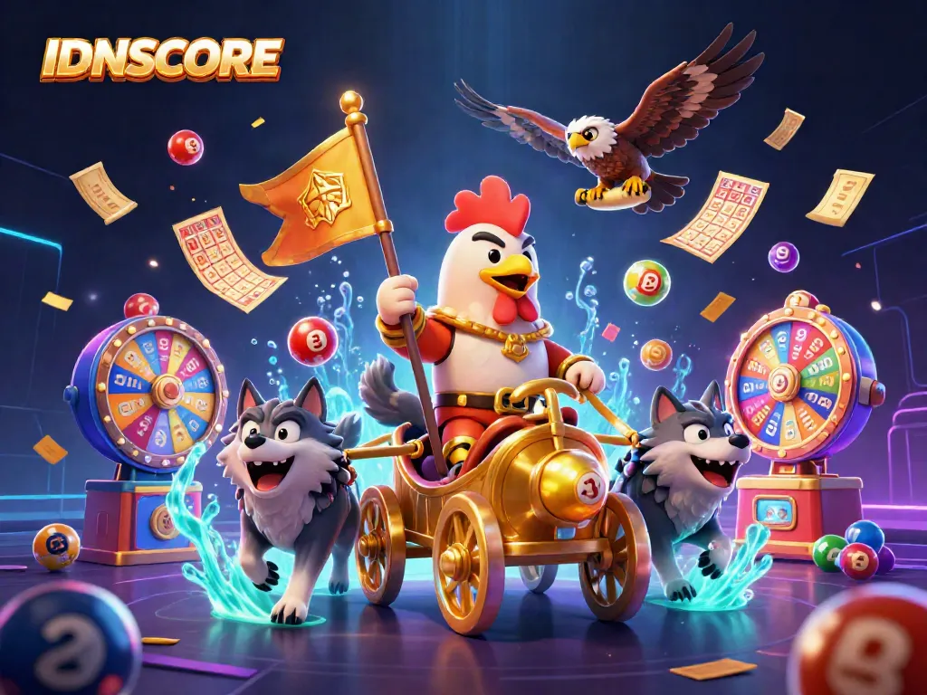 IDNSCORE brings excitement with a 3D rooster warlord, fierce wolves, and colorful lottery elements