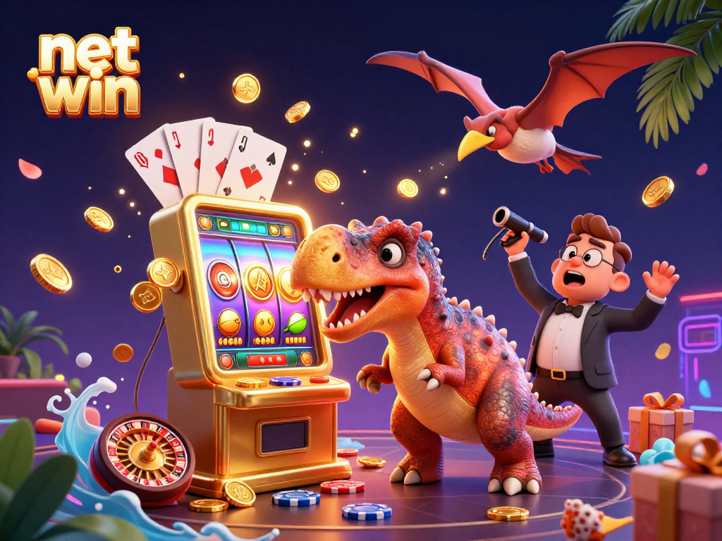 Experience the net win sensation with a 3D pachycephalosaurus hitting a slot machine amidst flying coins.