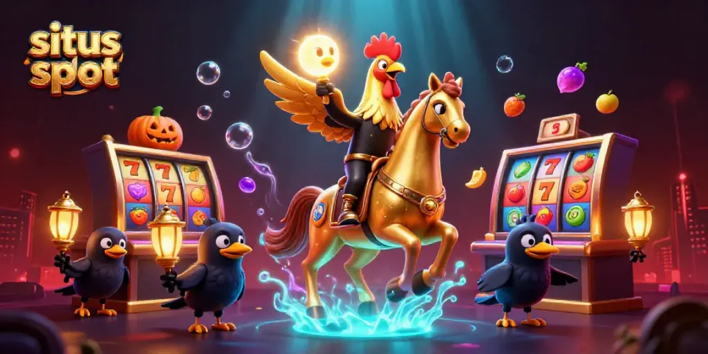 Engage with situs slot as a golden rooster rides through a vibrant casino filled with jackpot reels and magical elements.
