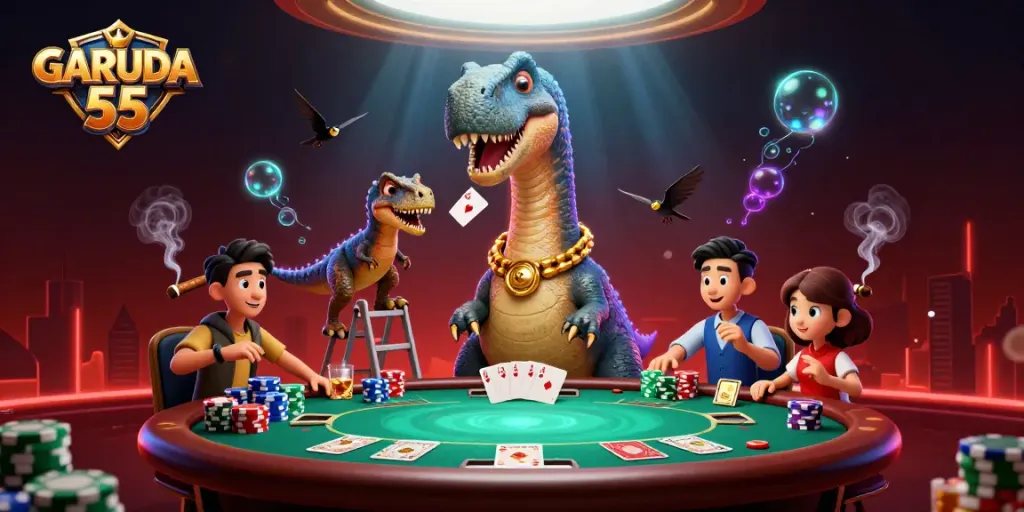 GARUDA 55 features an engaging poker scene with a brontosaurus and clever raptor amidst vibrant casino elements.