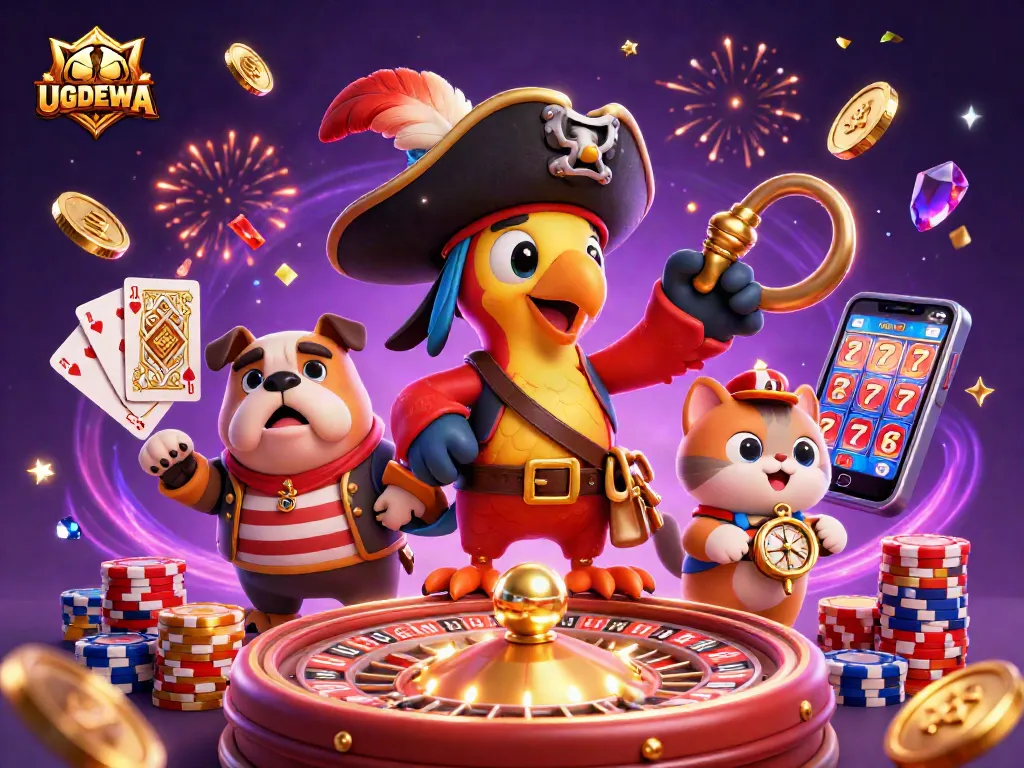 Spin the excitement at UGDEWA's vibrant casino scene with dazzling coins and lively characters.