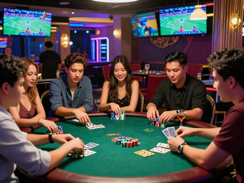 Engaging poker game scene featuring friends playing situs toto with vibrant casino lights.