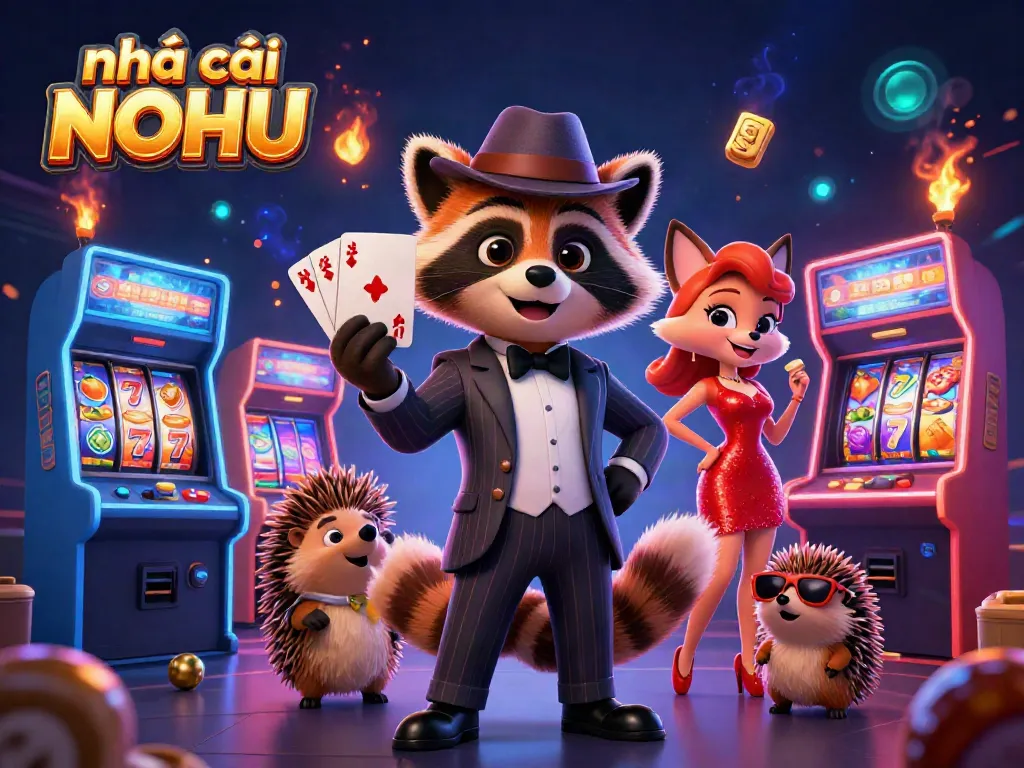 Action-packed scene depicting nhà cái NOHU with adorable characters and vibrant slot elements.