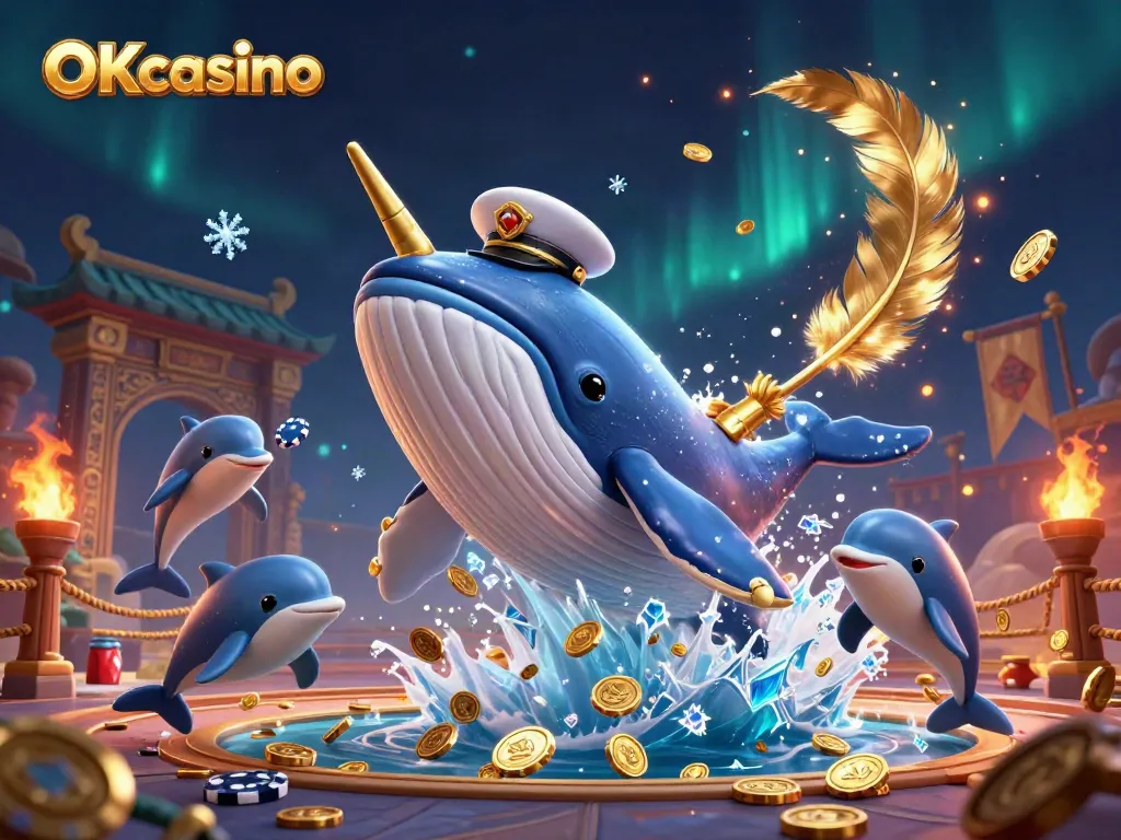 ภาพของ OKcasino แสดงถึงปลาวาฬ 3D ขนาดใหญ่ที่ใส่ชุดกัปตันว่ายอยู่ในทะเลของเหรียญทอง