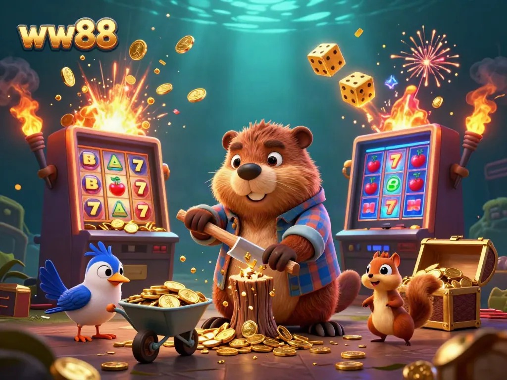 Join the excitement at ww88 with a cartoon beaver celebrating wins while surrounded by slot machines and golden treasures.