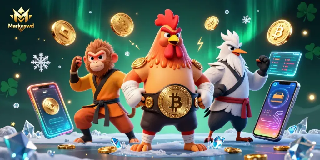 Markaswd showcases a dynamic casino scene blending martial arts with crypto elements.