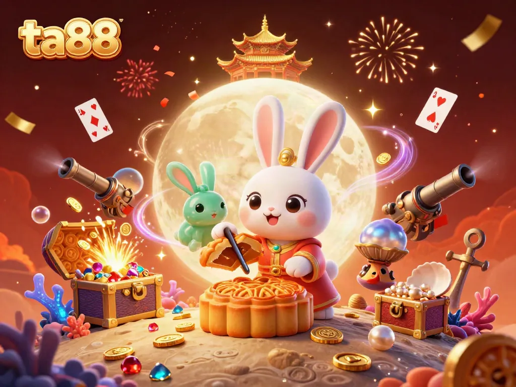 Engage with thrilling ta88 gameplay through golden mooncakes and poker chips in a festive lunar scene.