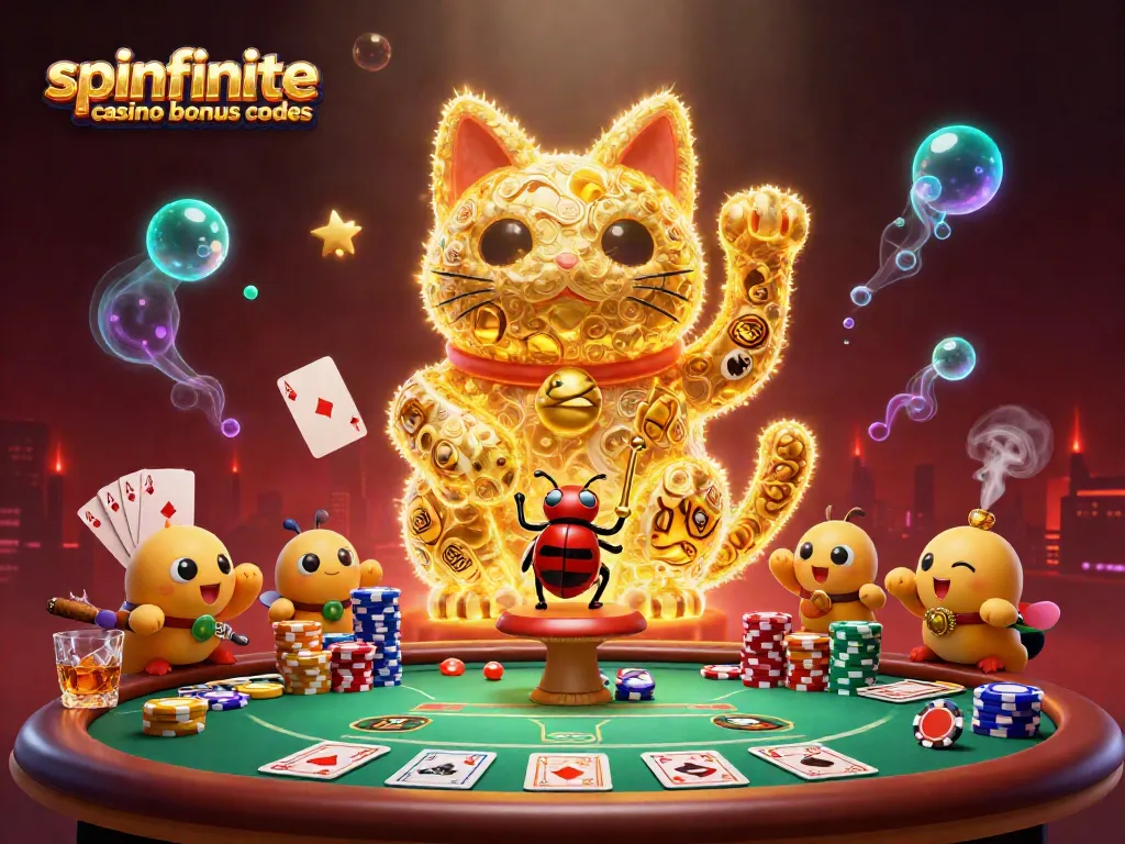 Enjoy Spinfinite casino bonus codes for free coins and promo offers in this vibrant 3D scene.