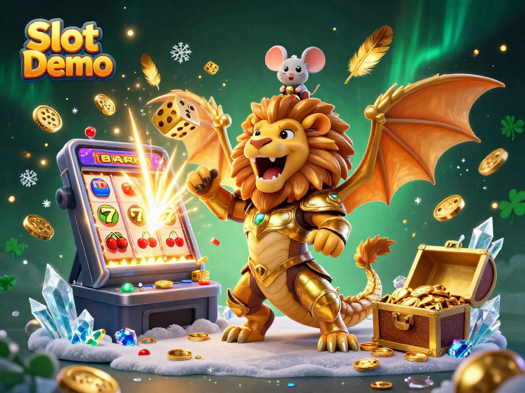 Slot Demo showcases a triumphant chimera in golden armor and a mouse jockey, amidst vibrant casino elements.