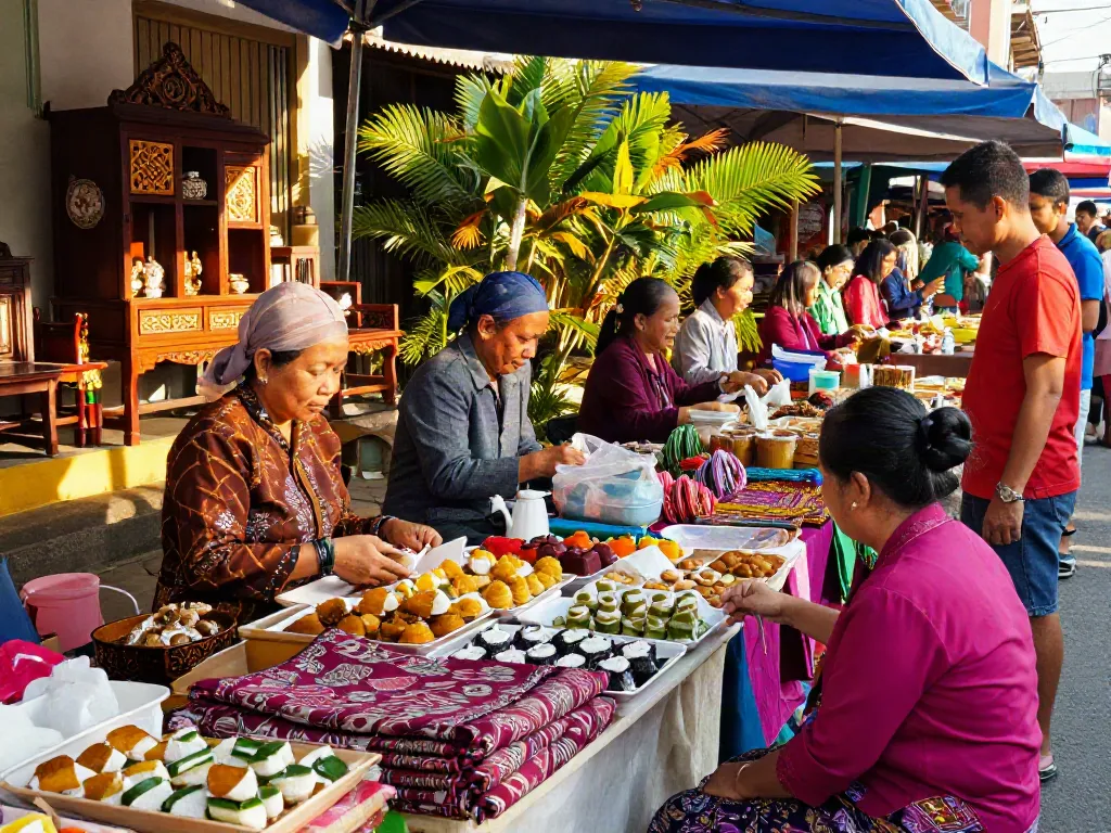 Nyonya4D vibrant street market scene with traditional Peranakan textiles and local delicacies.