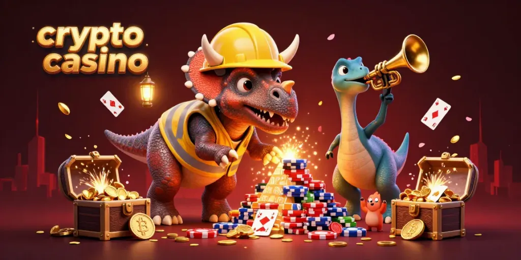 Experience the excitement of a crypto casino with a lively 3D illustration featuring animated characters celebrating wins.