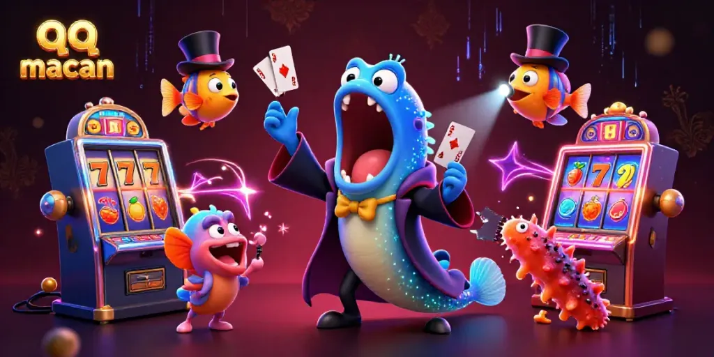 Engage in thrilling slot games with qq macan's dynamic deep-sea casino illustration, featuring magical sea creatures.