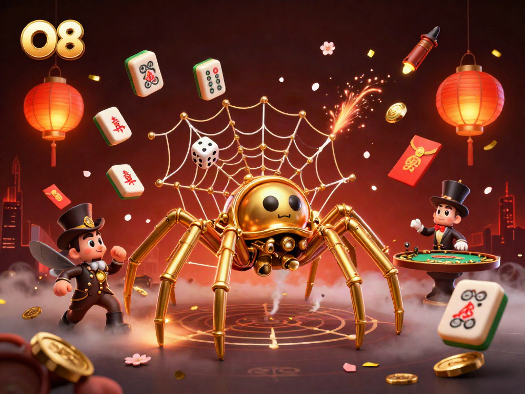 Catch unlucky dice in an engaging O8 casino-themed illustration with golden spider web elements and poker games.