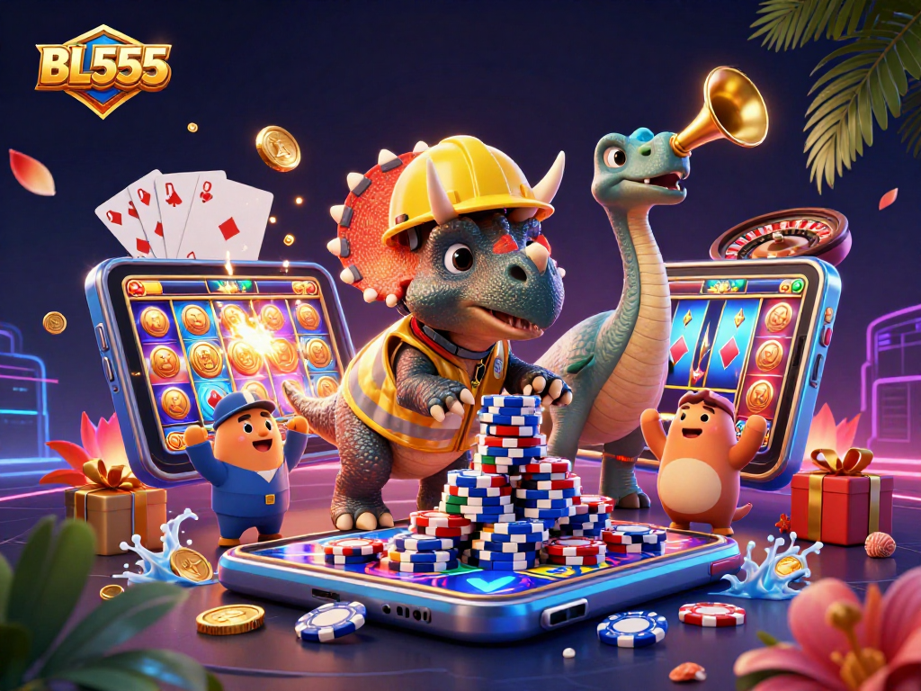 Engage in exciting casino fun with BL555, featuring a joyful triceratops building poker chips.