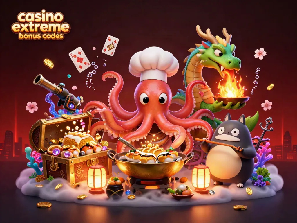 Engage with casino extreme bonus codes in this vibrant 3D illustration featuring a sushi chef octopus.