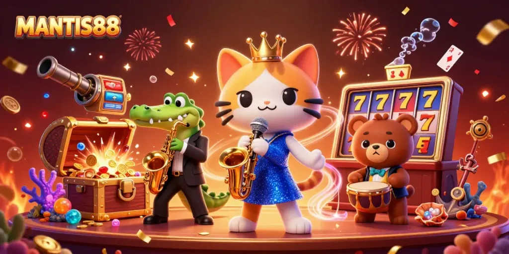 MANTIS88: Immerse in vibrant casino illustration featuring characters and jackpot elements.
