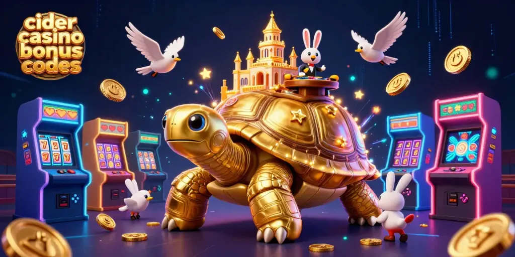 Engage with Cider Casino bonus codes while enjoying a vibrant 3D gaming scene with a golden tortoise and Casino Palace.