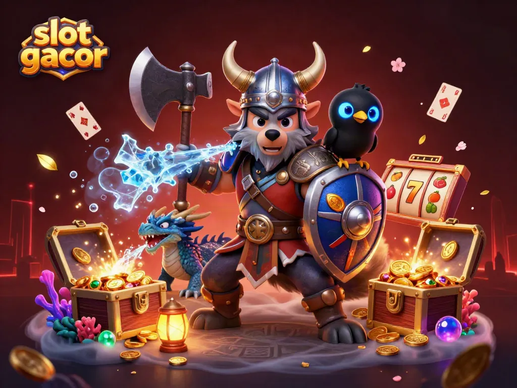 Gambar slot gacor yang menampilkan karakter kartun Viking dengan naga di luar angkasa, dikelilingi tumpukan koin emas.