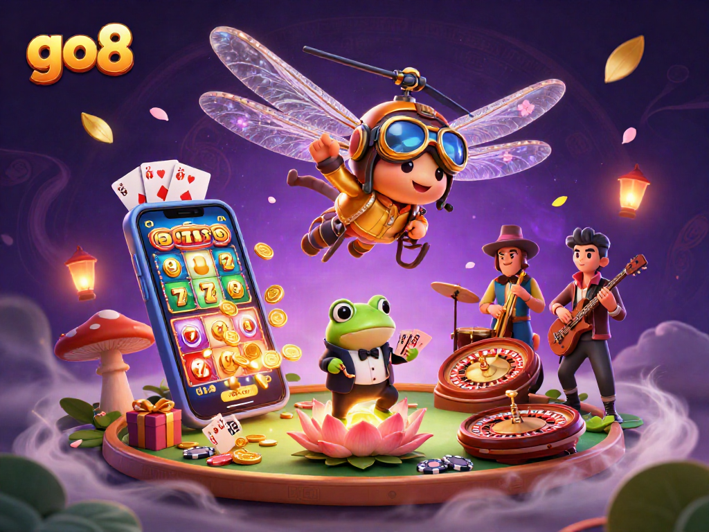 Experience the go8 world with a vibrant casino scene featuring animated characters and gaming elements.