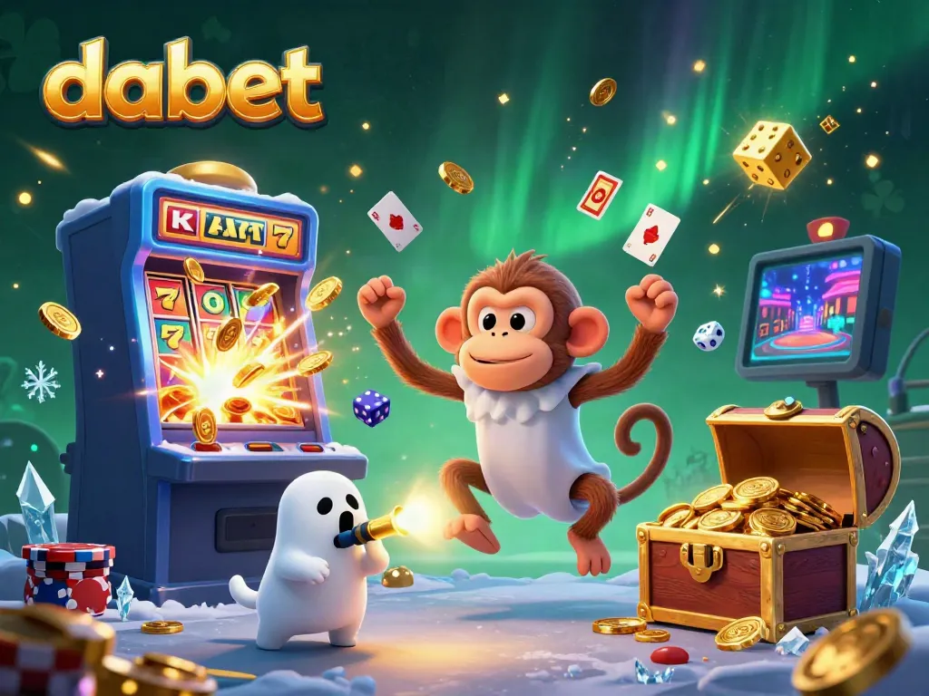 Experience the thrill of dabet with a magical scene of a playful poltergeist monkey and a curious puppy in a lively casino.