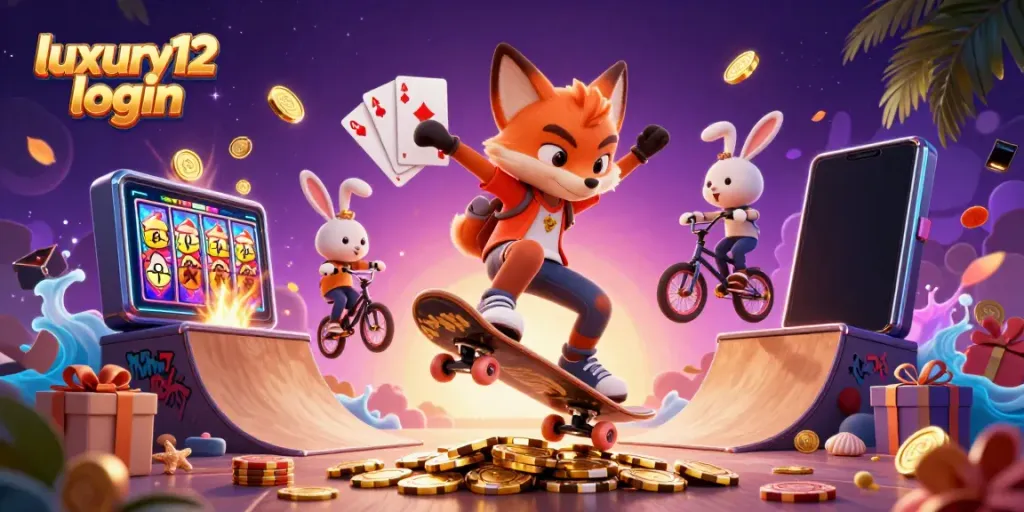 Experience the excitement of luxury12 login with vibrant casino-themed cartoon characters and dynamic gaming elements.
