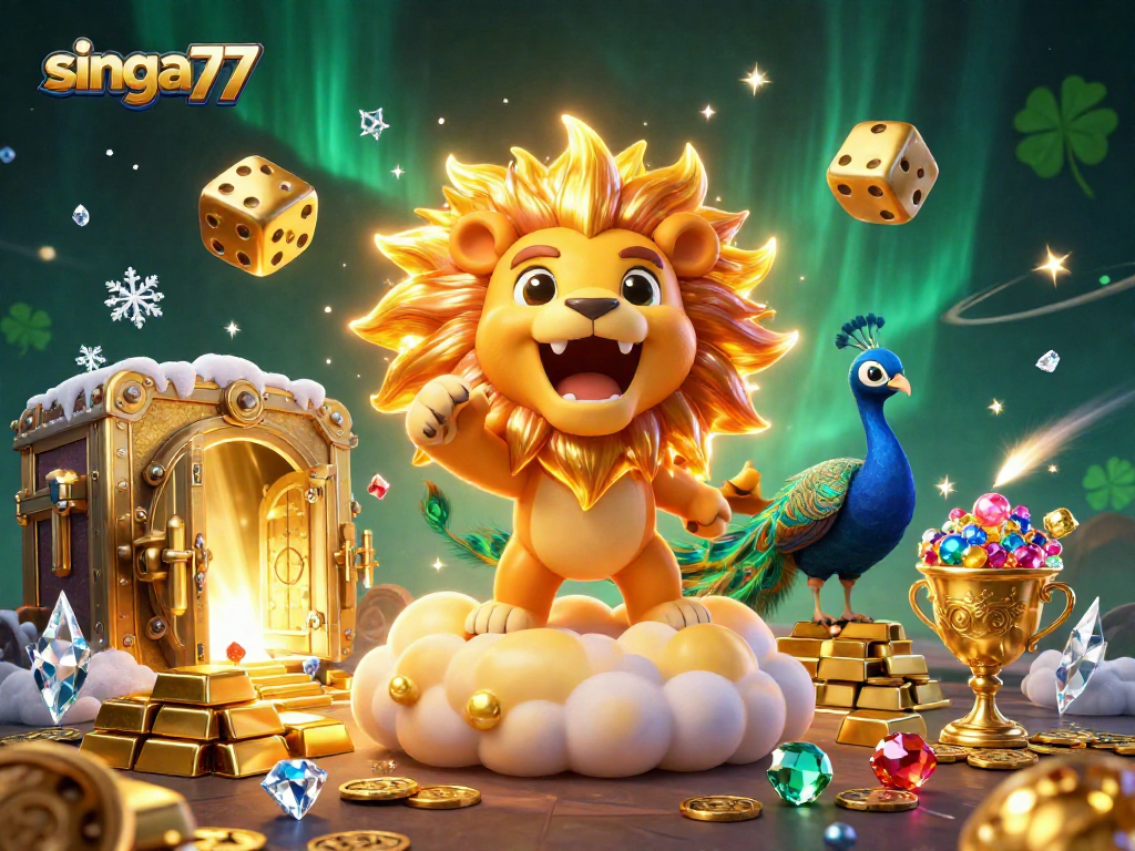 Singa77 showcases a vibrant 3D illustration of a roaring sun lion surrounded by casino treasures, enhancing the gaming experience.